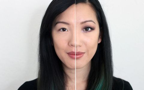 Before and after of small eyes made bigger with makeup