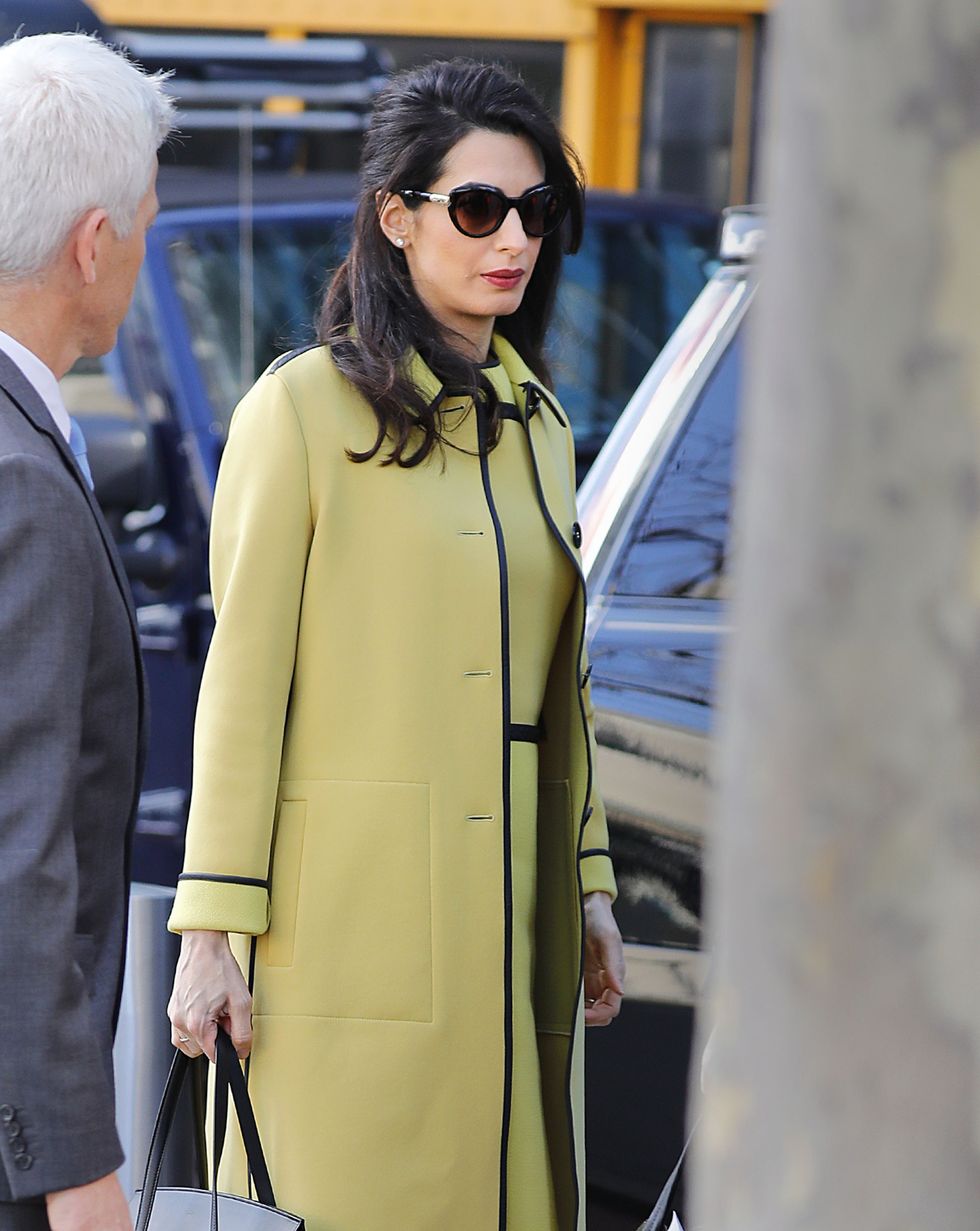 Amal Clooney yellow bottega veneta dress and coat UN Speech
