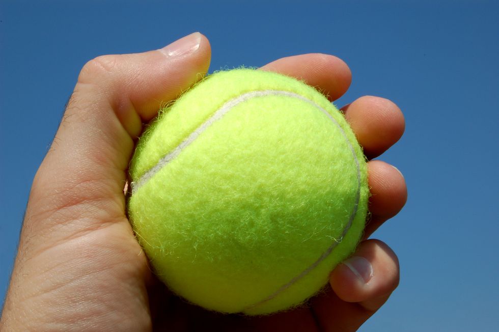 Ball, Tennis ball, Green, Tennis, Sports equipment, Hand, Soft tennis, 