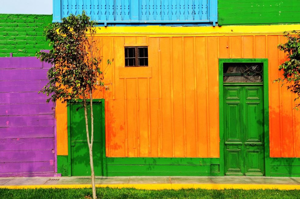 Green, Wood, Yellow, Colorfulness, Door, Wall, Purple, House, Orange, Tints and shades, 