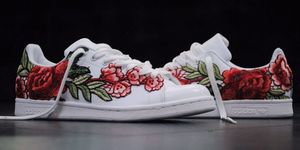 Footwear, White, Red, Shoe, Carmine, Sneakers, Porcelain, Plant, Athletic shoe, Still life photography, 