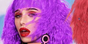 Face, Purple, Violet, Pink, Lip, Head, Beauty, Magenta, Nose, Colorfulness, 