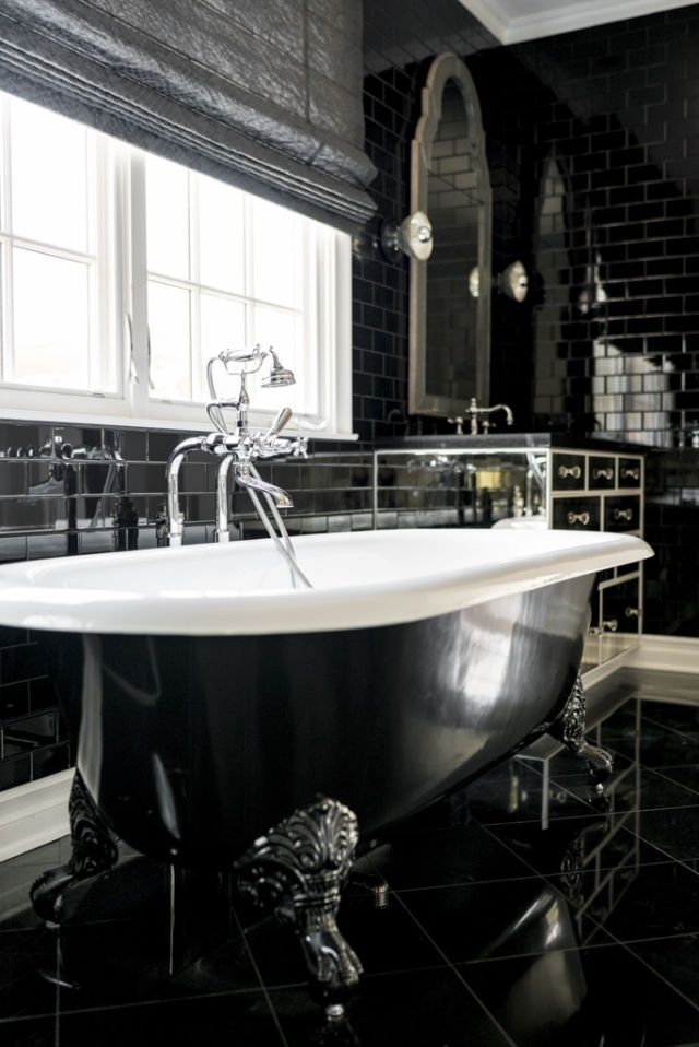 Black, Room, Property, Bathroom, Bathtub, Black-and-white, Architecture, Tile, Interior design, Sink, 