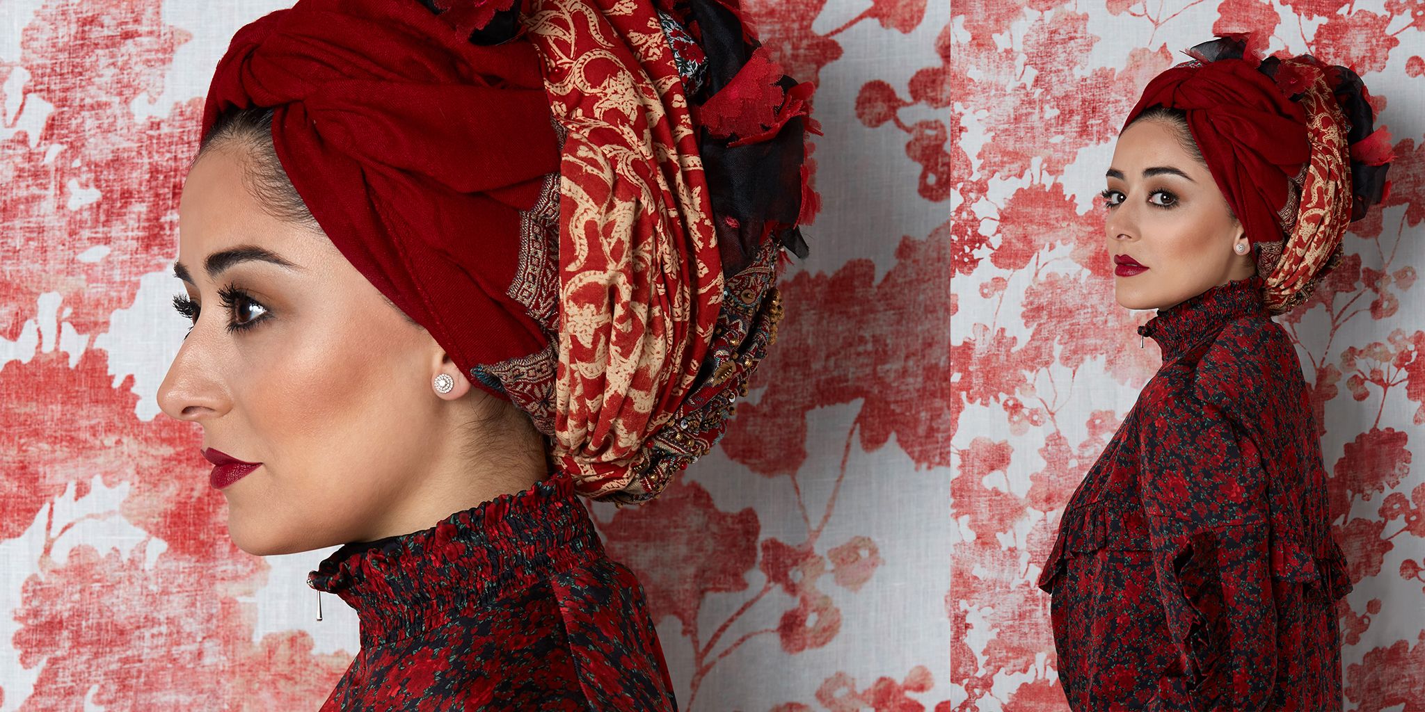 Red, Clothing, Beauty, Headgear, Photography, Pattern, Tradition, Fashion accessory, Turban, Makeover, 