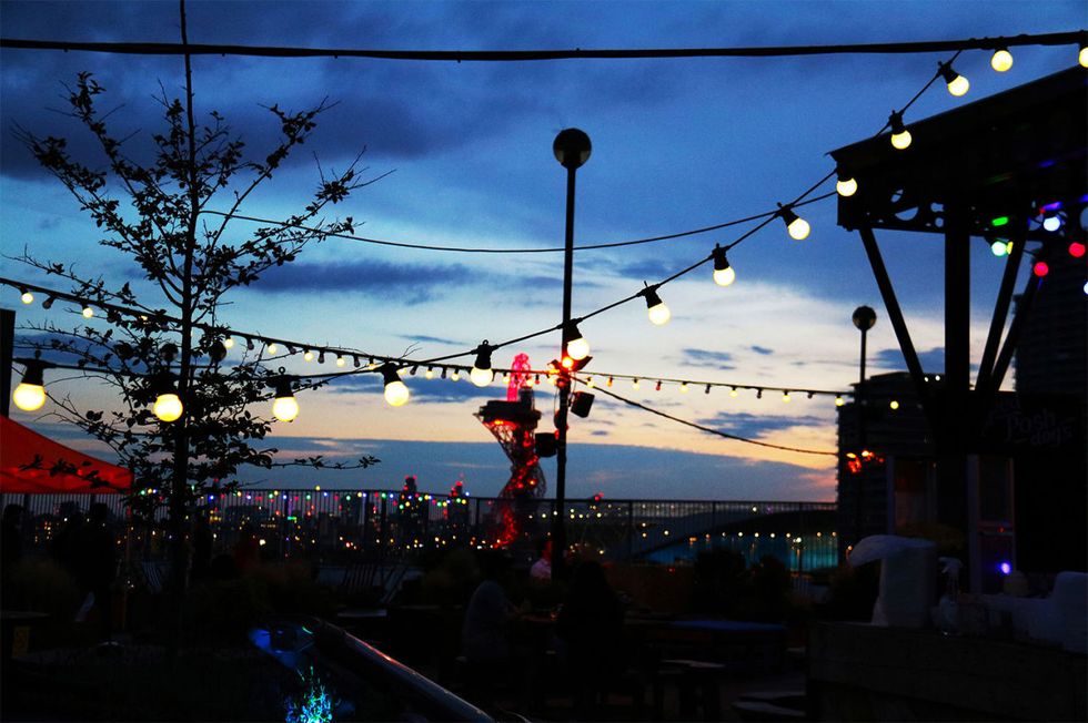Roof East, Stratford:  rollerdisco, a baseball batting cage club, hip-hop lawn bowls , crazy golf and the Rooftop Film Club,