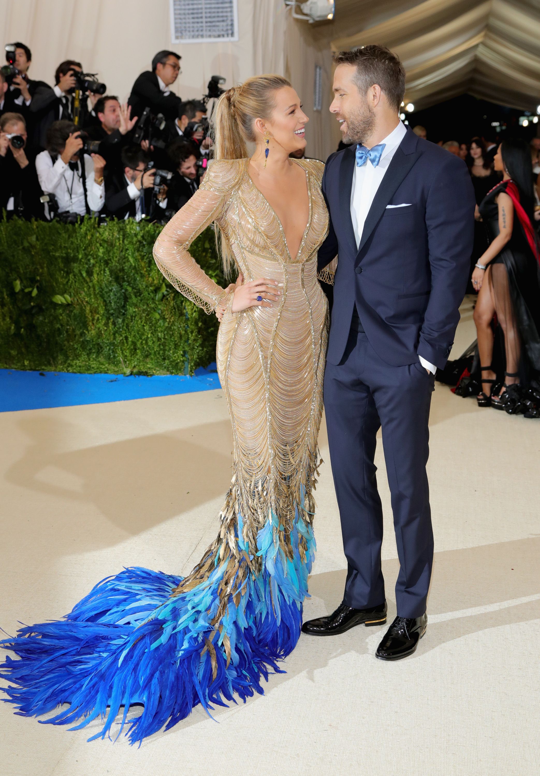 Blake Lively Glows In Phoenix Inspired Gold Dress Alongside Ryan