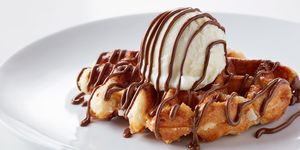 Liege waffle, drizzled with Nutella and topped with vanilla ice cream