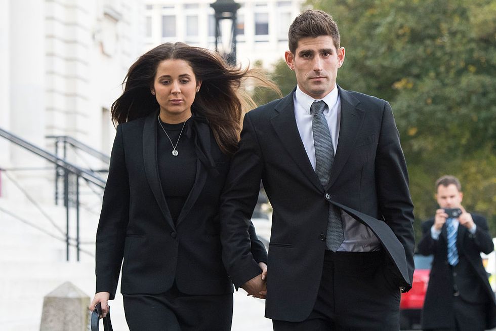 Chesterfield F.C football player Ched Evans leaves Cardiff Crown Court with partner Natasha Massey after being found not guilty of rape on October 14, 2016 in Wales | ELLE UK