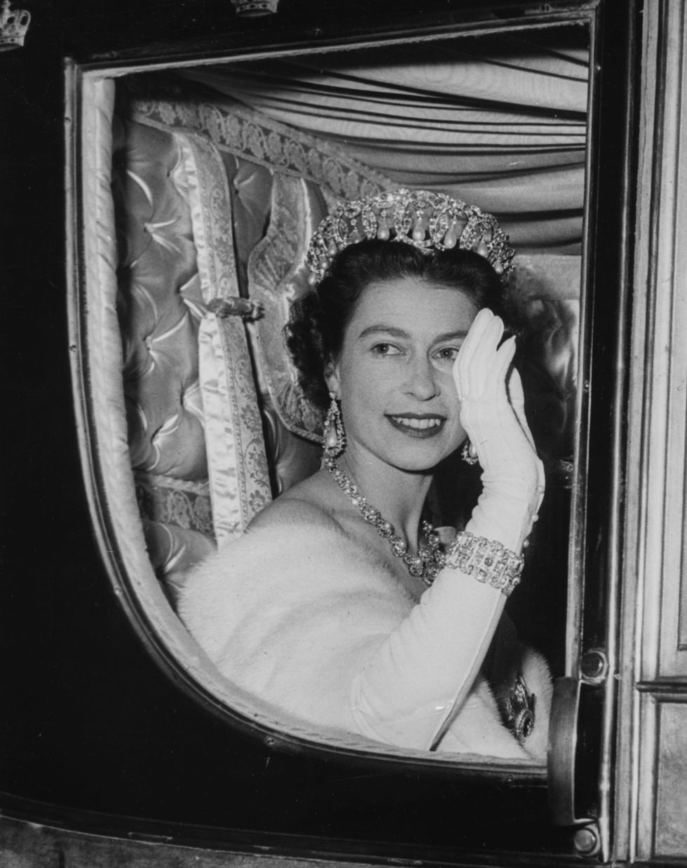 <p>Her Majesty posed in a diamond tiara and jewels while visiting Copenhagen in 1957.</p>