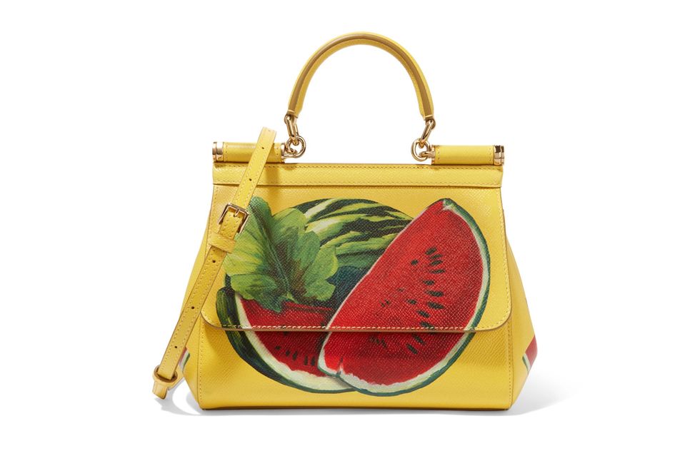 Handbag, Bag, Yellow, Fashion accessory, Shoulder bag, Tote bag, Watermelon, Plant, Fruit, Beige, 
