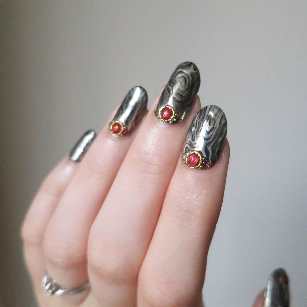 Finger, Nail, Nail care, Nail polish, Style, Manicure, Metal, Silver, Close-up, Artificial nails, 