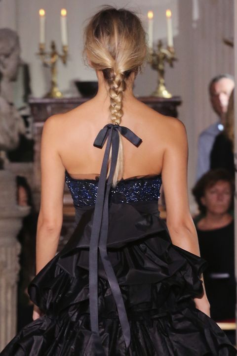 Fashion, Fashion model, Haute couture, Clothing, Dress, Shoulder, Fashion show, Hairstyle, Strapless dress, Model, 