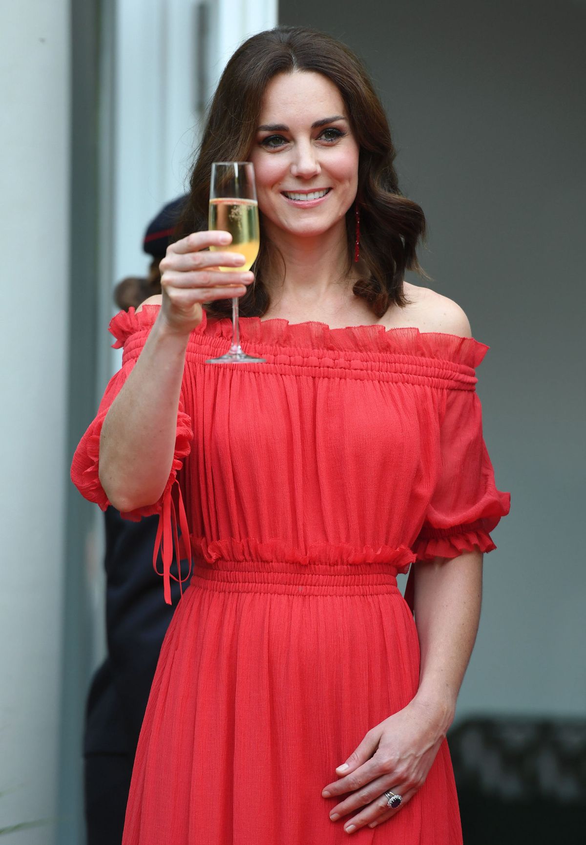 Kate middleton duchess of cambridge red off-the-shoulder alexander McQueen dress