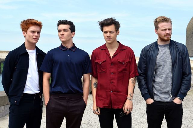 British actor Tom Glynn-Carney, Fionn Whitehead, Jack Lowden, and British singer, songwriter and actor Harry Styles pose on July 16, 2017, during a photo-call in Dunkirk, ahead of the release of the movie 'Dunkirk' on July 19, 2017 | ELLE UK
