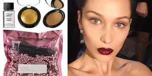 Bella Hadid in Pat McGrath Lust 004 Glitter Lips at Versace AW16