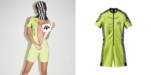 Green, Clothing, Sportswear, Jersey, Yellow, Sleeve, Fashion, Neck, Uniform, Cycling shorts, 