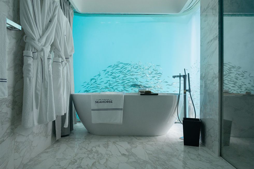 Bathroom, Turquoise, Blue, Room, Tile, Aqua, Interior design, Floor, Wall, Bathtub, 
