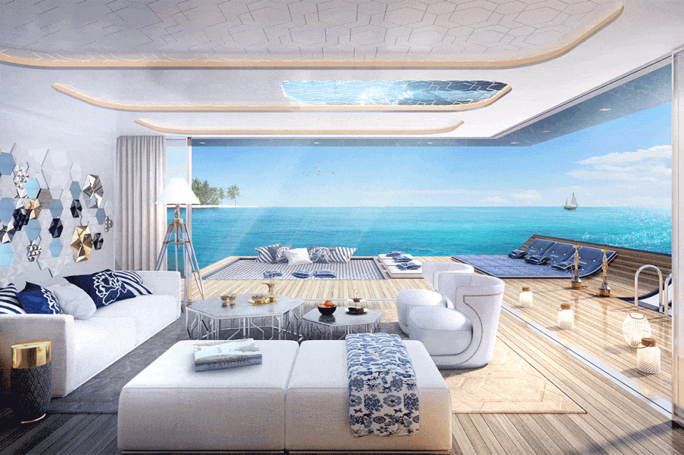 Luxury yacht, Room, Interior design, Property, Furniture, Living room, Yacht, Bedroom, Ceiling, Building, 