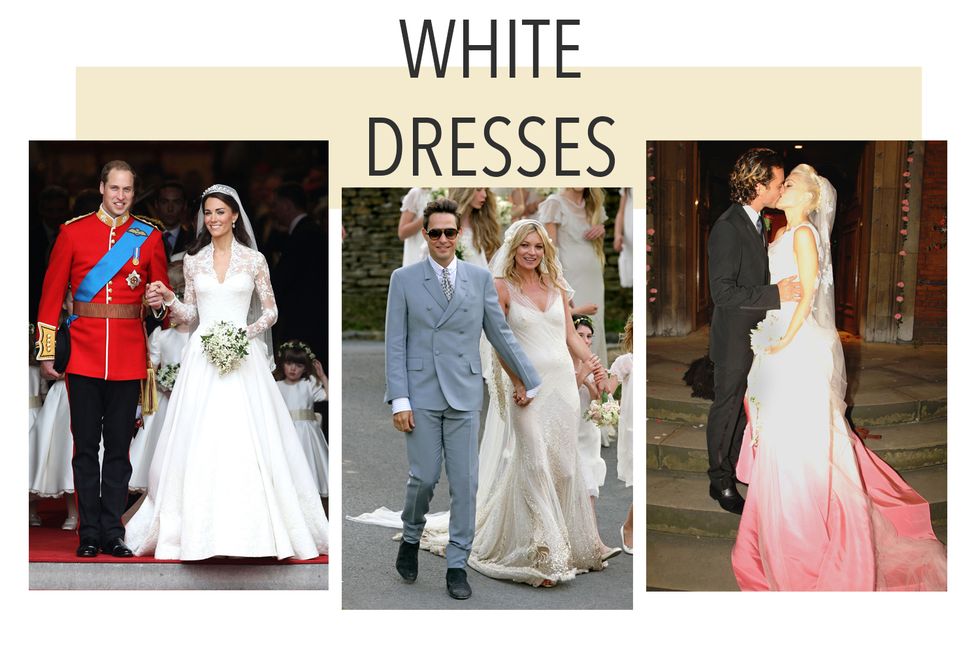 Kate Moss, Kate Middleton and Gwen Stefani in white wedding dresses