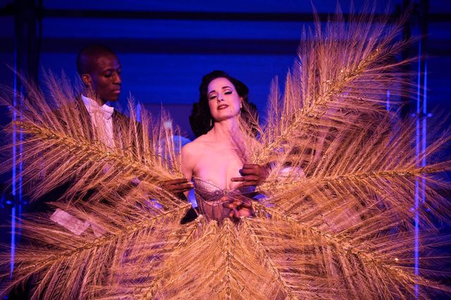 Dita Von Teese performs on stage for the Philipp Plein Spring 2018 show during New York Fashion Week at Hammerstein Ballroom on September 9, 2017 in New York City.