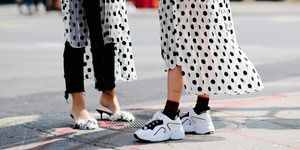 White, Street fashion, Footwear, Polka dot, Pattern, Shoe, Black-and-white, Fashion, Leg, Design, 