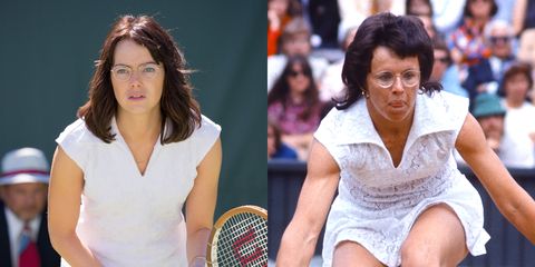 <p>Stone portrays legendary tennis star Billie Jean King in the upcoming movie&nbsp;<em data-redactor-tag="em">Battle of the Sexes. </em>"Playing Billie Jean was a bit of a game changer," she <a href="http://www.marieclaire.com/celebrity/a28644/emma-stone-september-2017-cover/" data-tracking-id="recirc-text-link" target="_blank">tells</a> <em data-redactor-tag="em">Marie Claire</em>. She also gained <a href="http://www.hollywoodreporter.com/news/oscars-why-emma-stone-gained-15-pounds-la-la-land-972564" data-tracking-id="recirc-text-link" target="_blank">15 pounds of muscle</a> for the role. Fifteen. Pounds. <span class="redactor-invisible-space" data-verified="redactor" data-redactor-tag="span" data-redactor-class="redactor-invisible-space"></span></p>