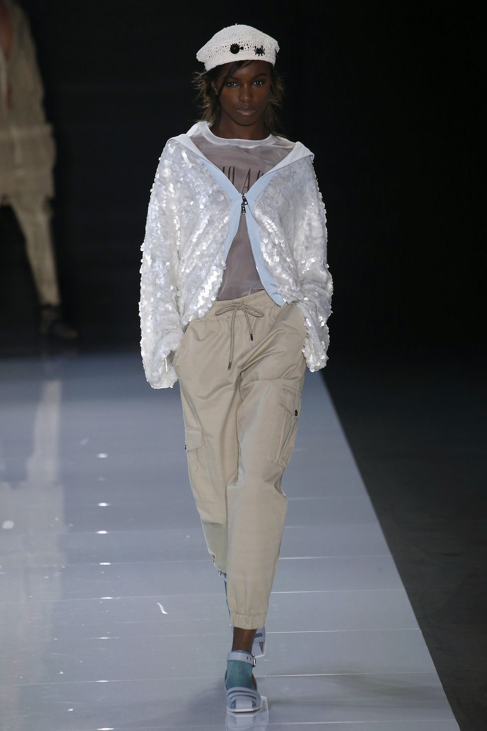 Leomie Anderson walks for Emporio Armani's S/S18 show at LFW