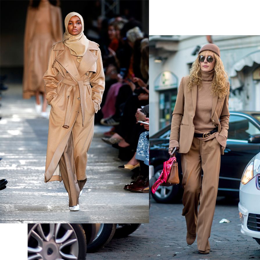 A model in a hijab on the Max Mara catwalk wearing an all-camel outfit, and a woman wearing camel on the street