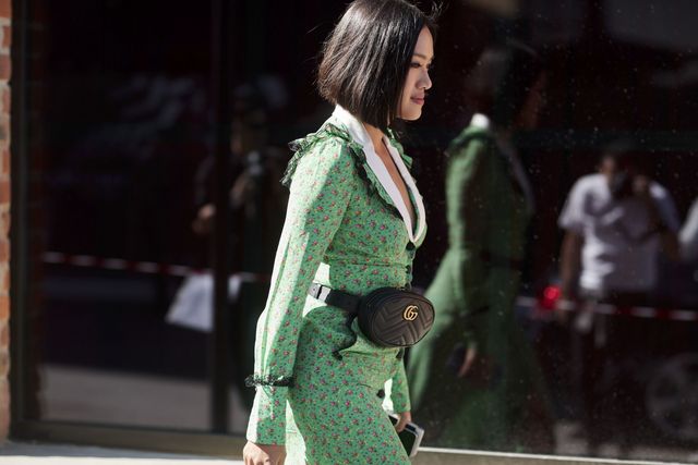 milan fashion week street style ss18 - green dress gucci bag