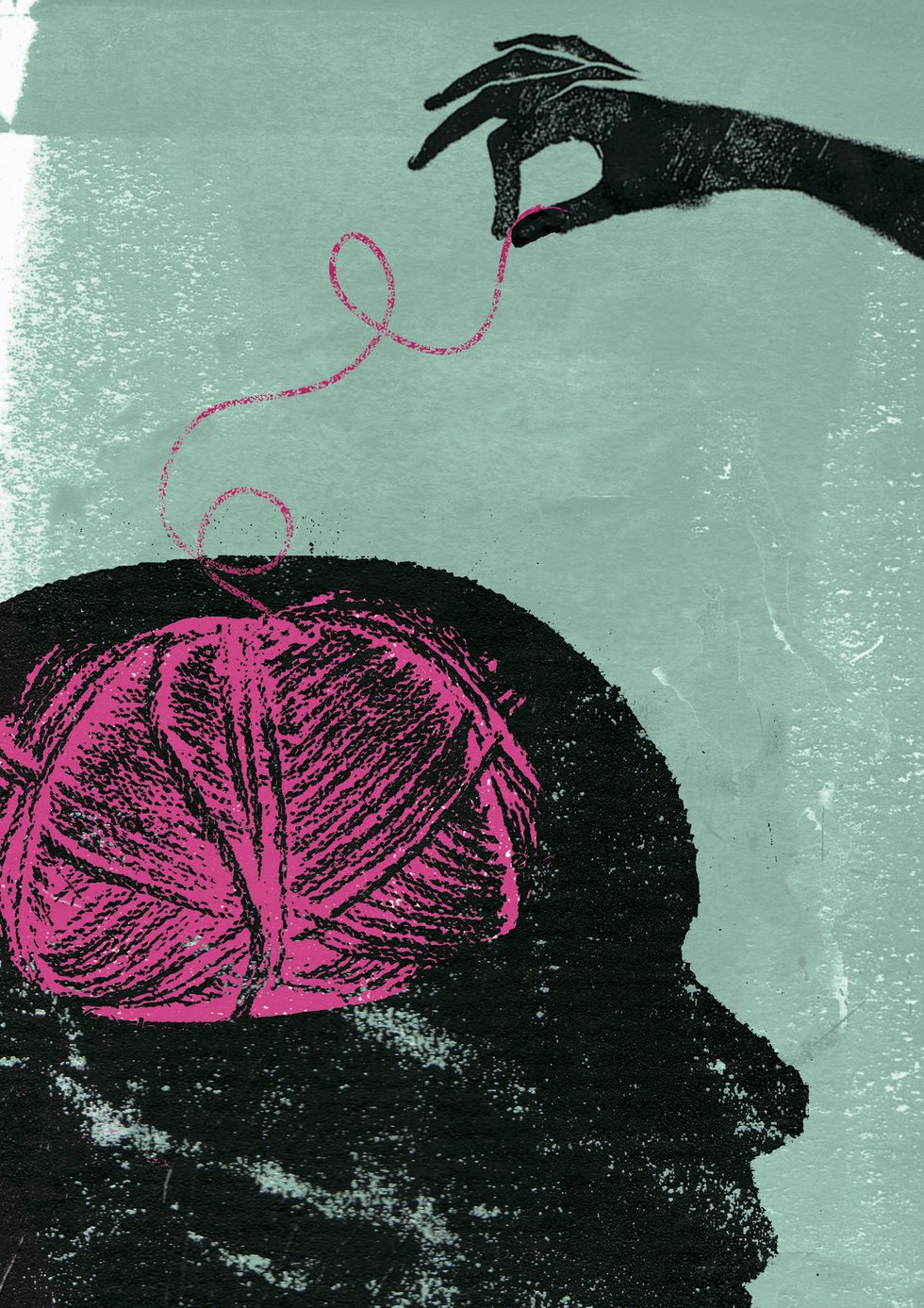 Hand unraveling ball of wool inside of head | ELLE UK