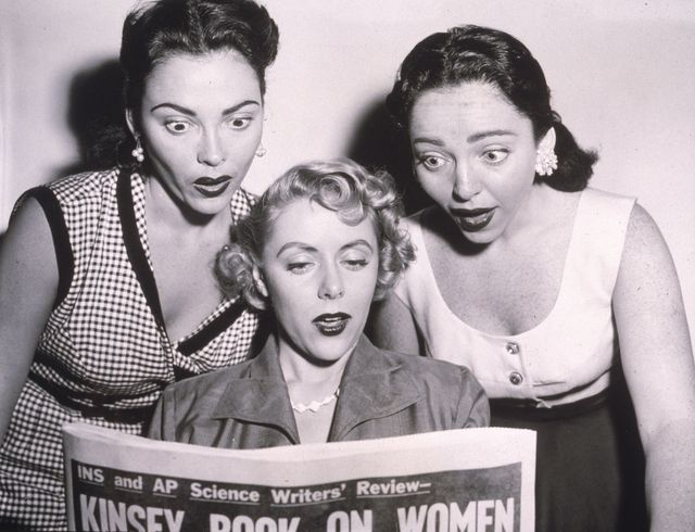 Three women (Claire Barry, Beverly Lawrence and Merna Barry) react with shock as they read a newspaper review about the Kinsey Report on female sexual behaviour, 1950s | ELLE UK
