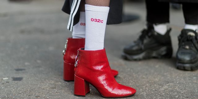Footwear, Red, White, Boot, High heels, Shoe, Street fashion, Fashion, Human leg, Riding boot, 