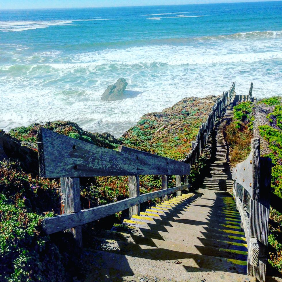 Water, Coast, Sea, Ocean, Sky, Shore, Wave, Stairs, Rock, Headland, 