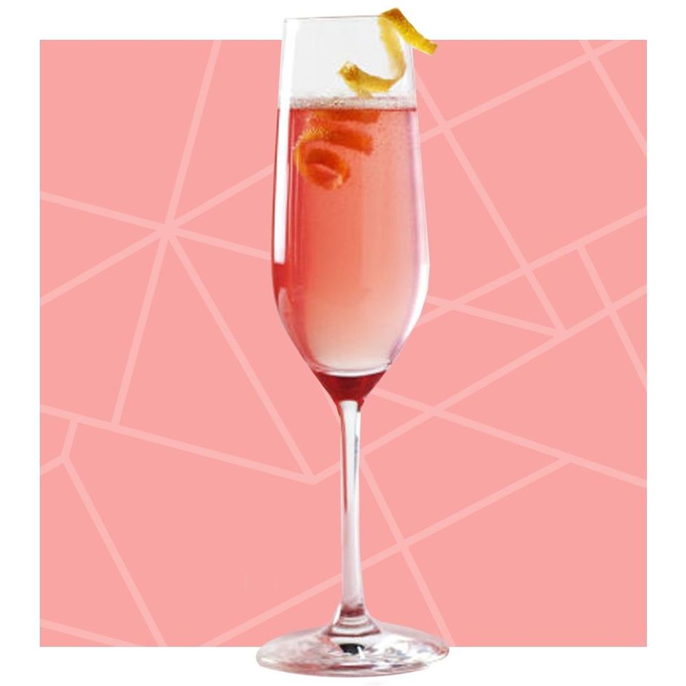 Drink, Champagne cocktail, Alcoholic beverage, Cocktail, Non-alcoholic beverage, Batida, Rose, Wine cocktail, Cocktail garnish, Champagne stemware, 