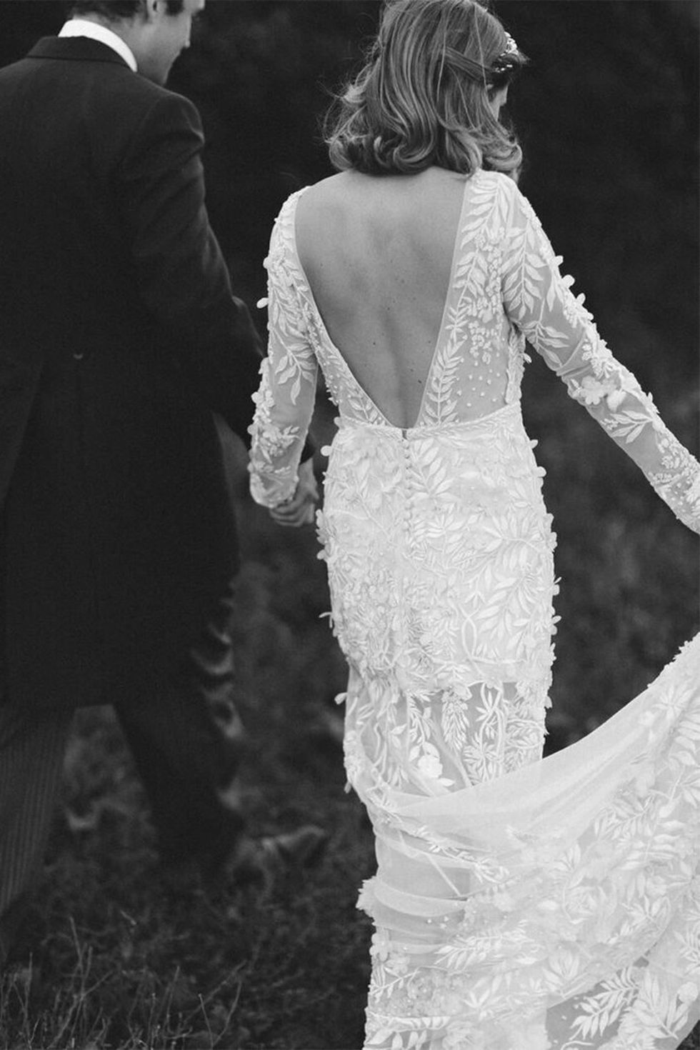 Wedding dress, Dress, Gown, White, Photograph, Clothing, Bridal clothing, Black-and-white, Shoulder, Monochrome photography, 