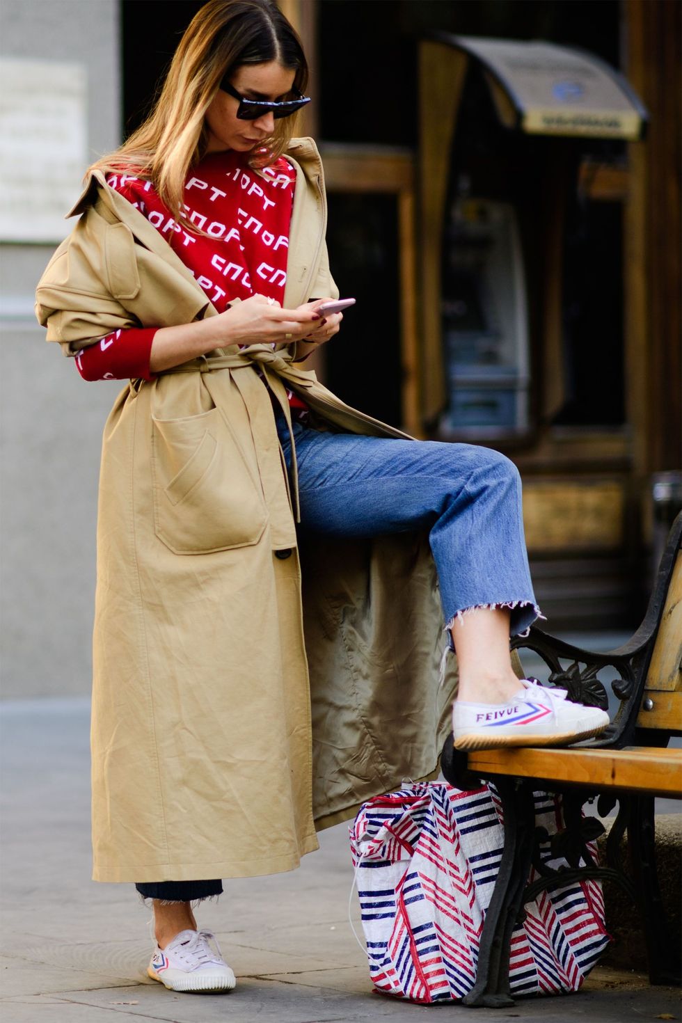 Clothing, Street fashion, White, Fashion, Pink, Coat, Trench coat, Footwear, Shoulder, Outerwear, 