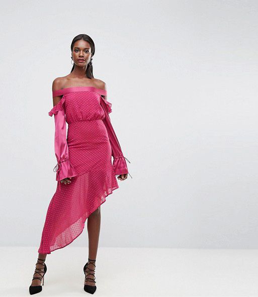 Dark Pink Dobbie Mesh Dress with Contrast Frill Sleeves and Sheer Asymmetric Hem | ELLE UK