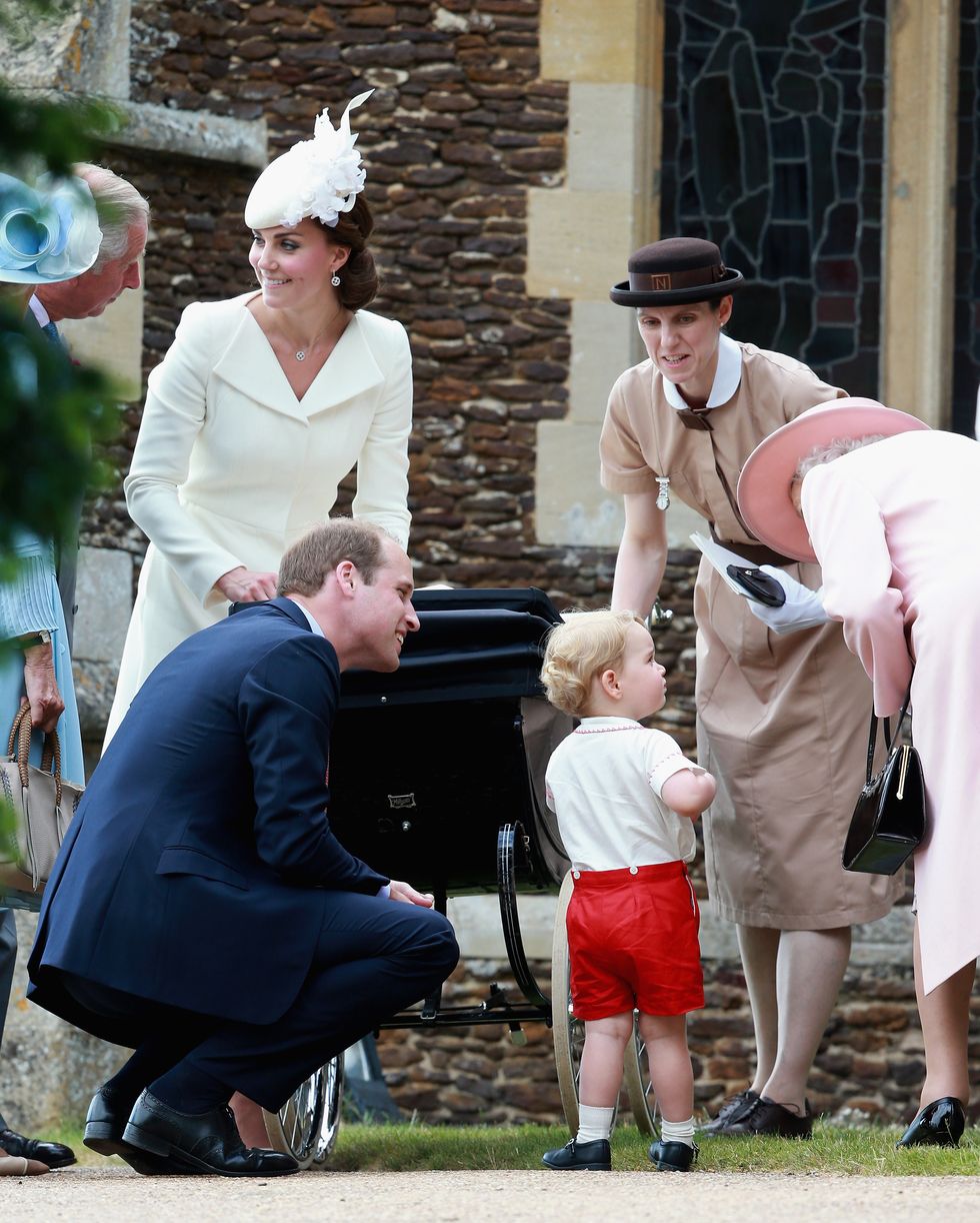 Catherine, Duchess of Cambridge, Prince William, Duke of Cambridge, Princess Charlotte of Cambridge and Prince George of Cambridge, Queen Elizabeth II and Prince George's nanny, Maria Teresa Turrion Borrallo leave the Church of St Mary Magdalene on the Sandringham Estate for the Christening of Princess Charlotte of Cambridge
