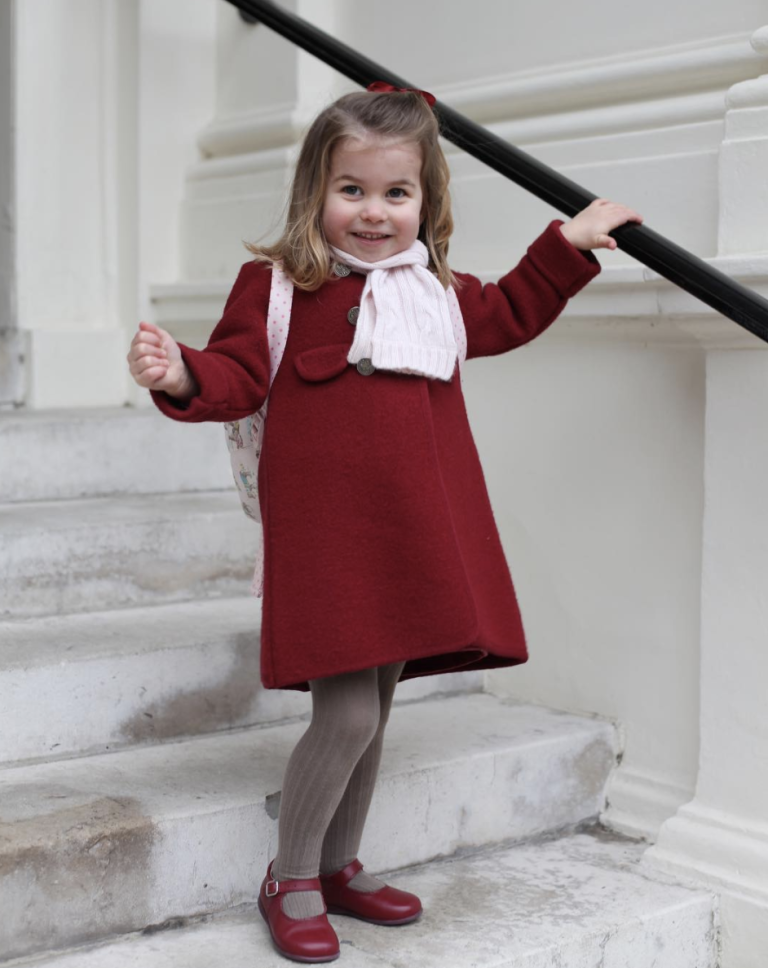 Sleeve, Standing, Red, Dress, Carmine, Stairs, Toddler, Child model, School uniform, Pigtail, 