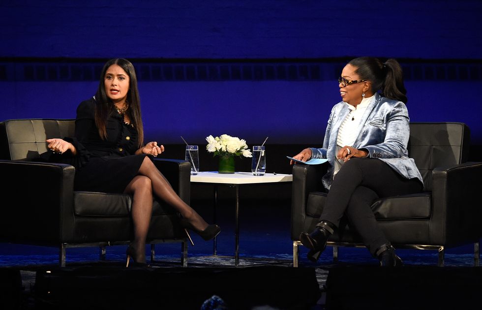 Salma Hayek Pinault and Oprah speak onstage during 'Oprah's Super Soul Conversations