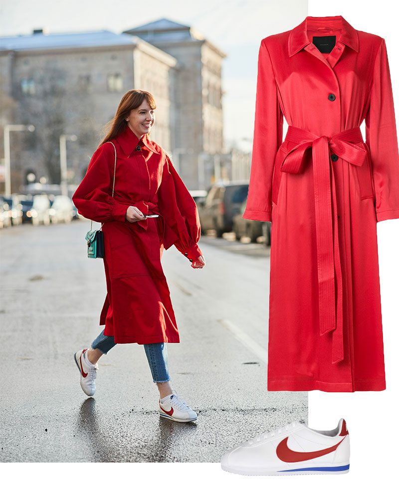 street style red trench coat trainers