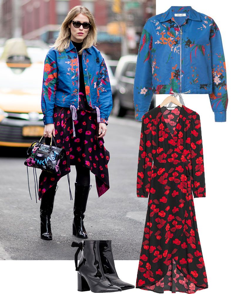street style blue floral bomber jacket