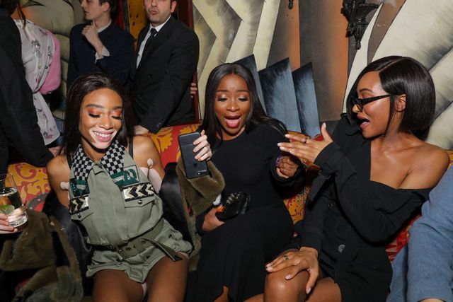 Winnie Harlow, Ray BLK and Jourdan Dunn at LOVE and MIU MIU Women's Tales Party at Loulou's on February 19, 2018 in London, England | ELLE UK