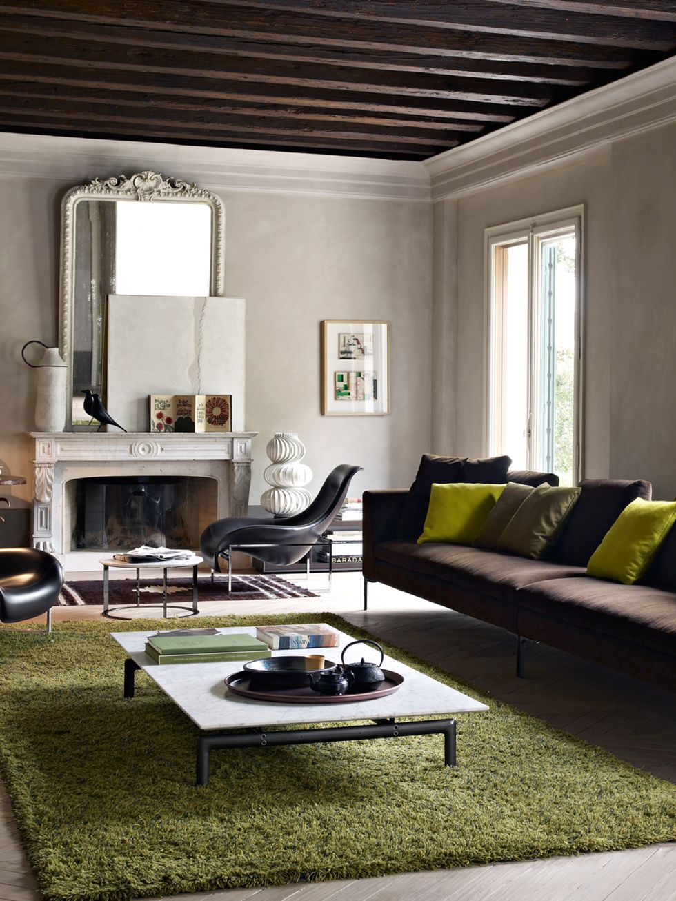 Room, Green, Interior design, Floor, Living room, Wall, Furniture, Flooring, Home, Table, 
