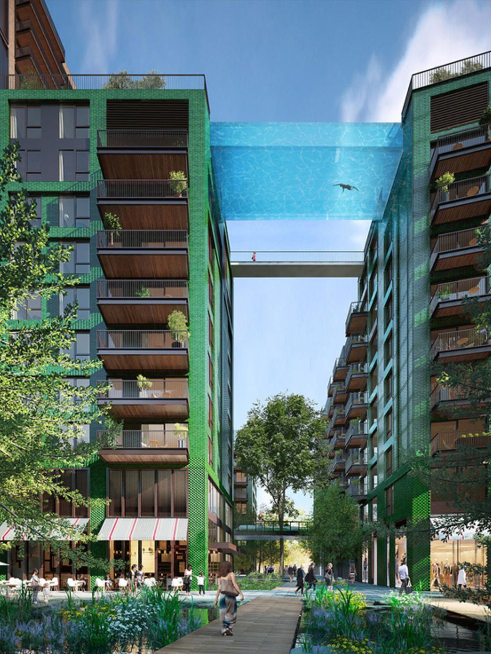 Green, Urban design, Mixed-use, Commercial building, Tower block, Apartment, Walkway, Condominium, Landscaping, 