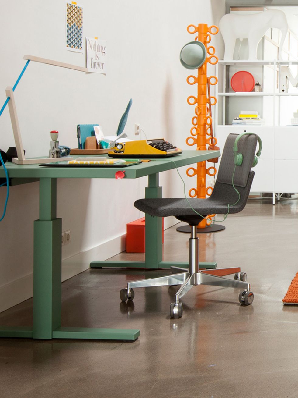 Room, Floor, Office chair, Flooring, Table, Interior design, Orange, Lamp, Desk, Office supplies, 