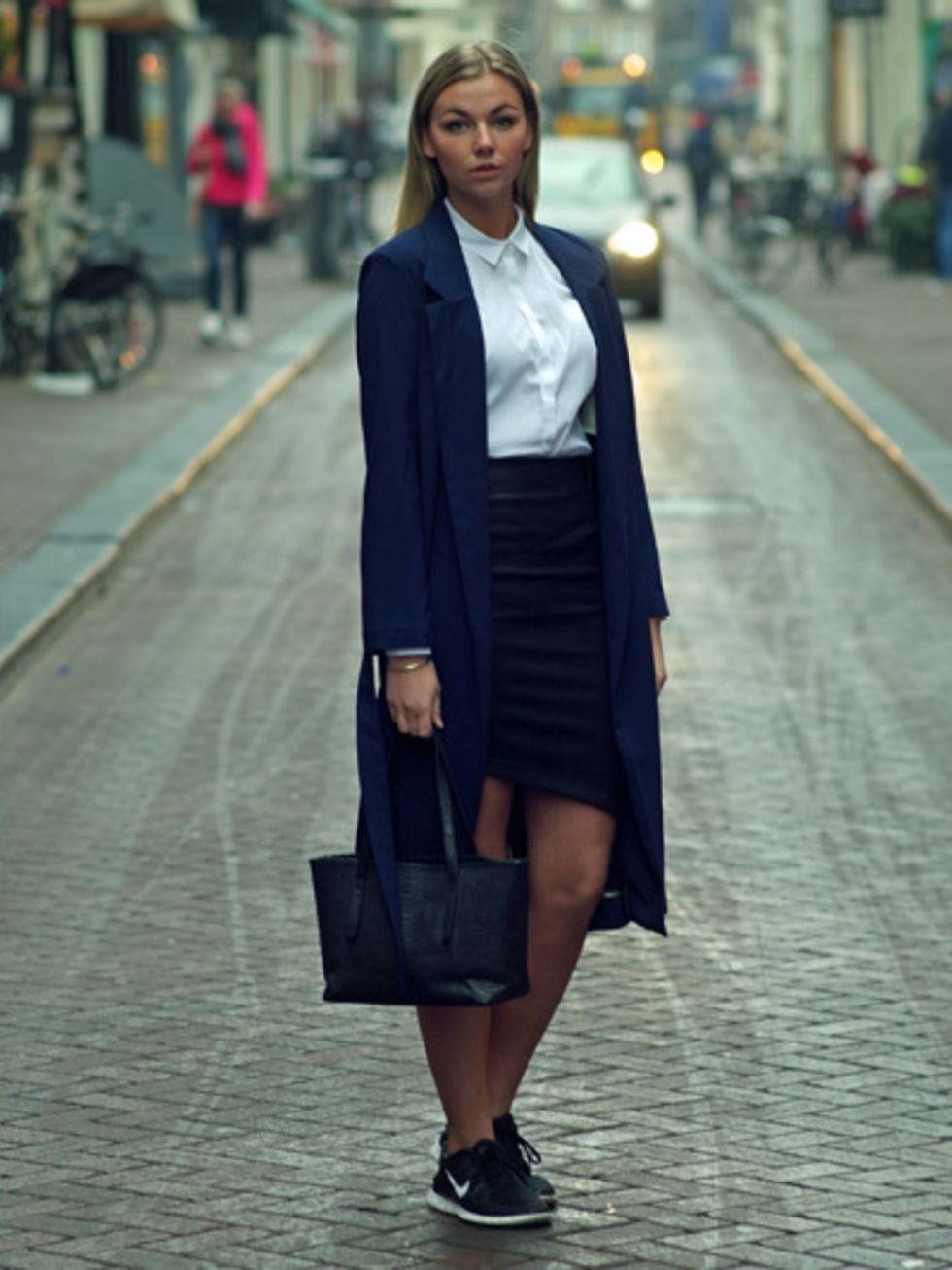 Road, Sleeve, Street, Infrastructure, Outerwear, Collar, Bag, Style, Street fashion, Road surface, 