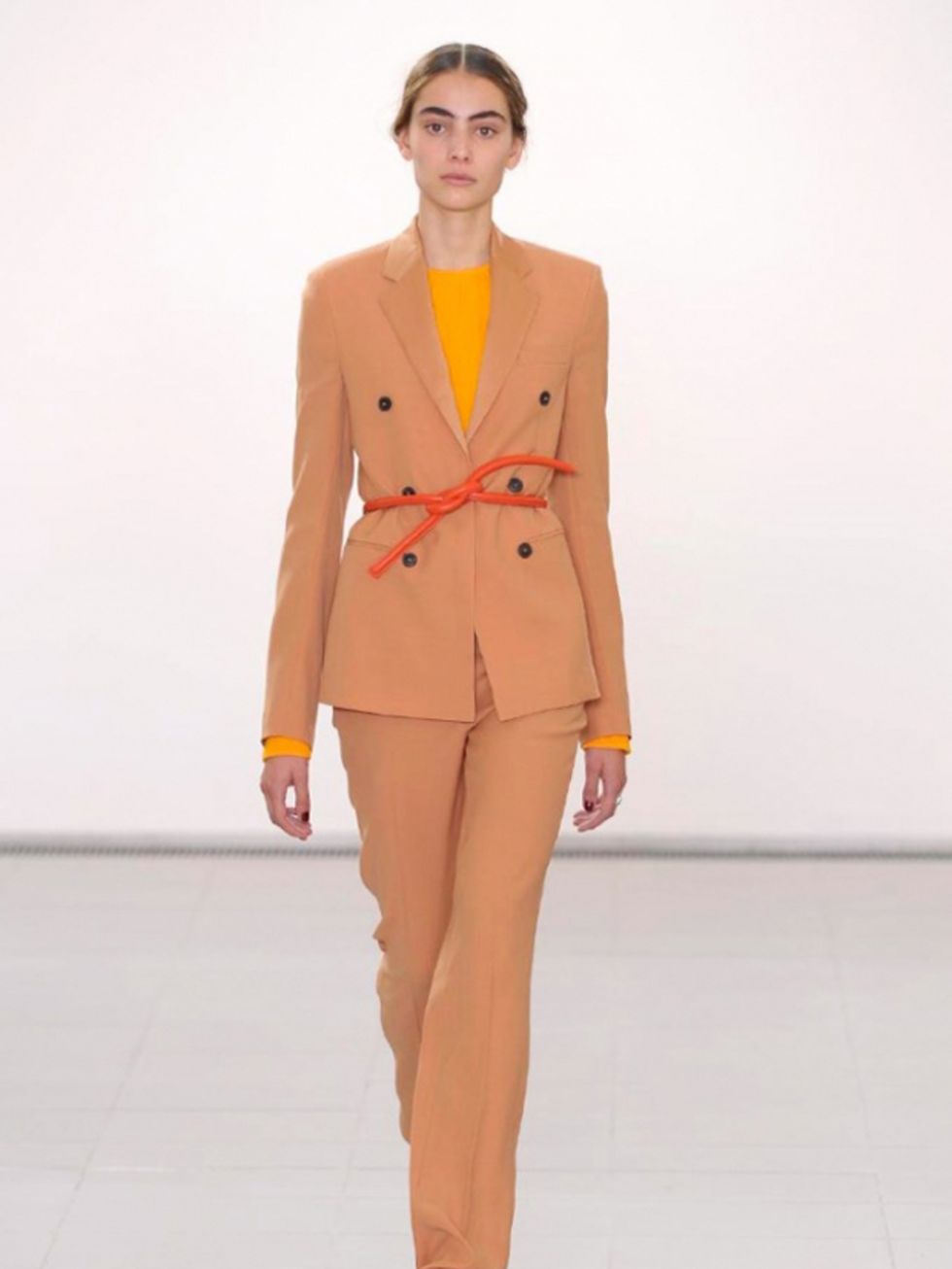 Brown, Sleeve, Collar, Fashion show, Shoulder, Joint, Standing, Outerwear, Orange, Style, 