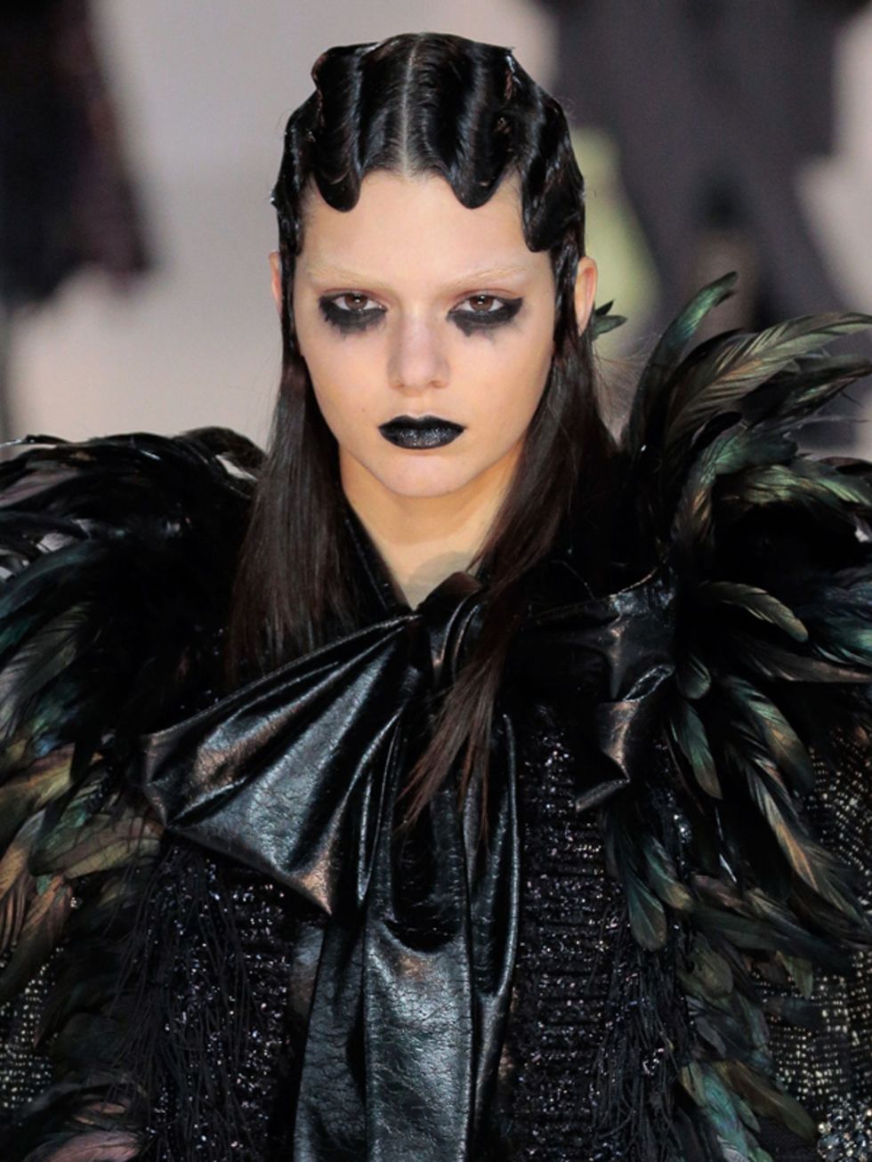 Hairstyle, Black hair, Fashion, Eyelash, Costume accessory, Fictional character, Long hair, Costume, Makeover, Eye liner, 