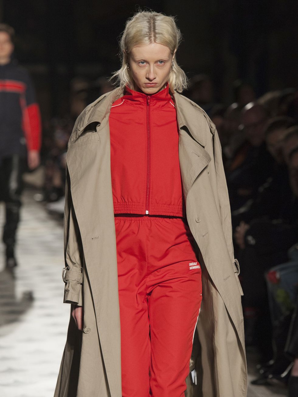 Lip, Jacket, Winter, Fashion show, Textile, Red, Outerwear, Style, Runway, Coat, 